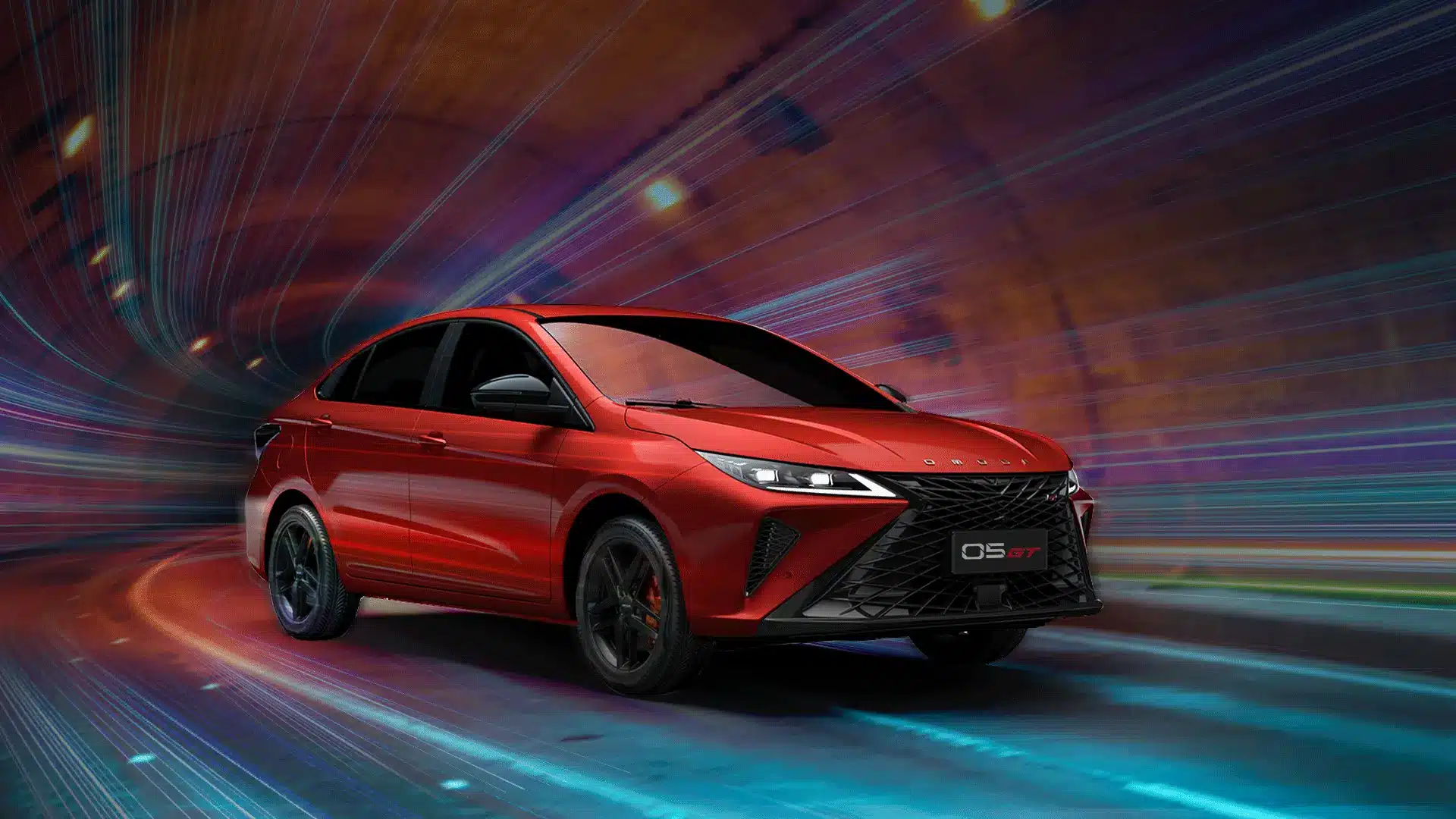 Auto sedán deportivo económico OMODA O5 GT color rojo lava